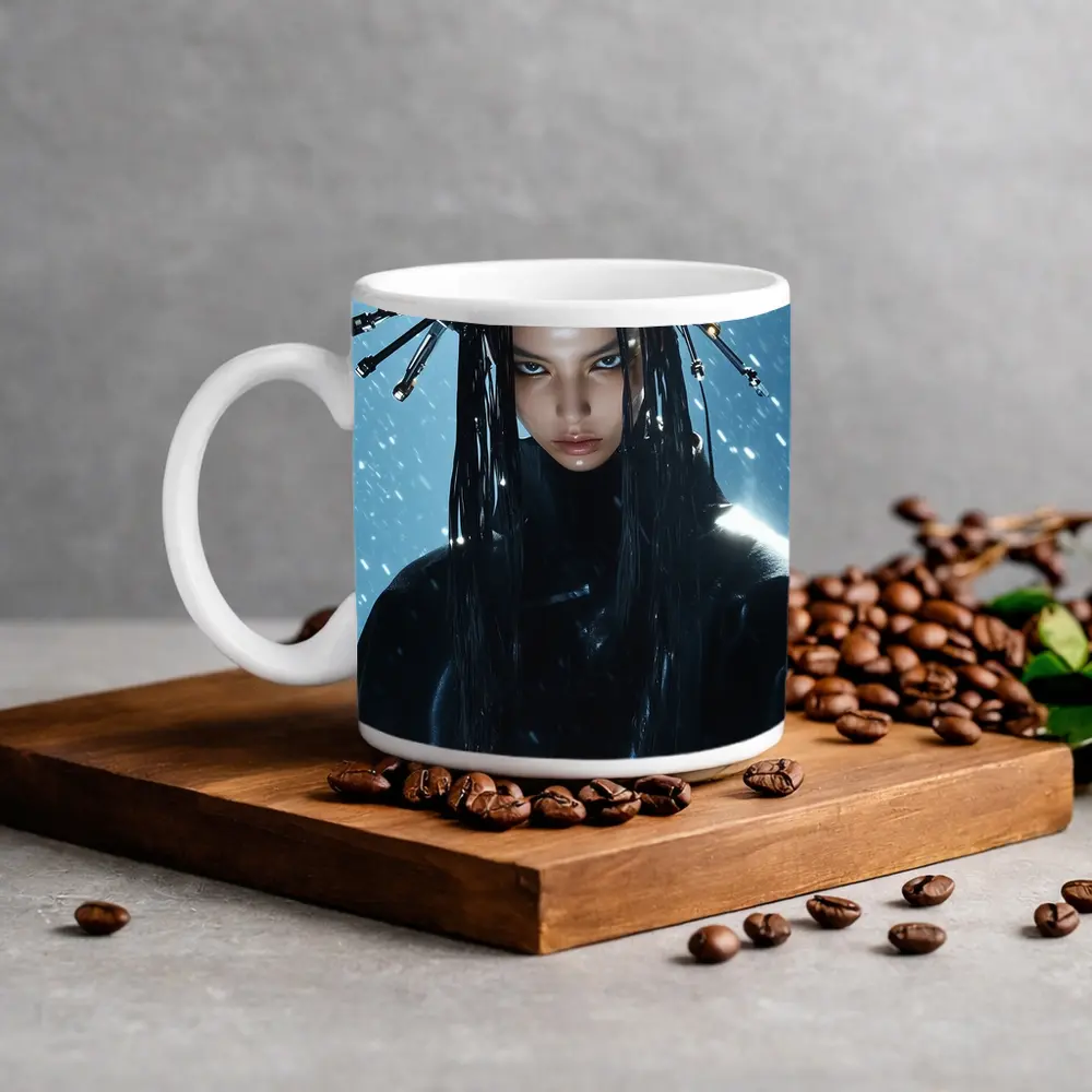 Cyberpunk Woman Mechanical Crown Snow Background – Mugs