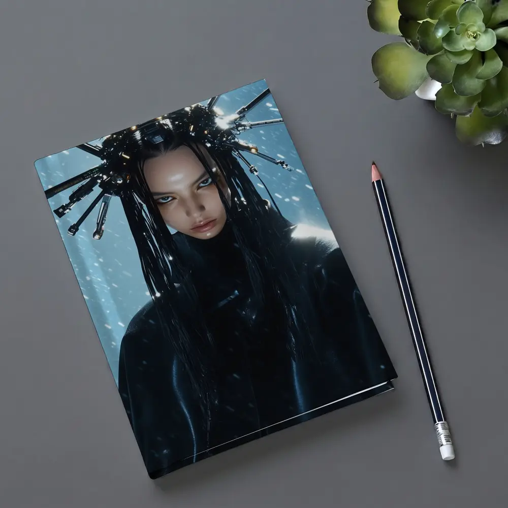 Cyberpunk Woman Mechanical Crown Snow Background – Notebooks