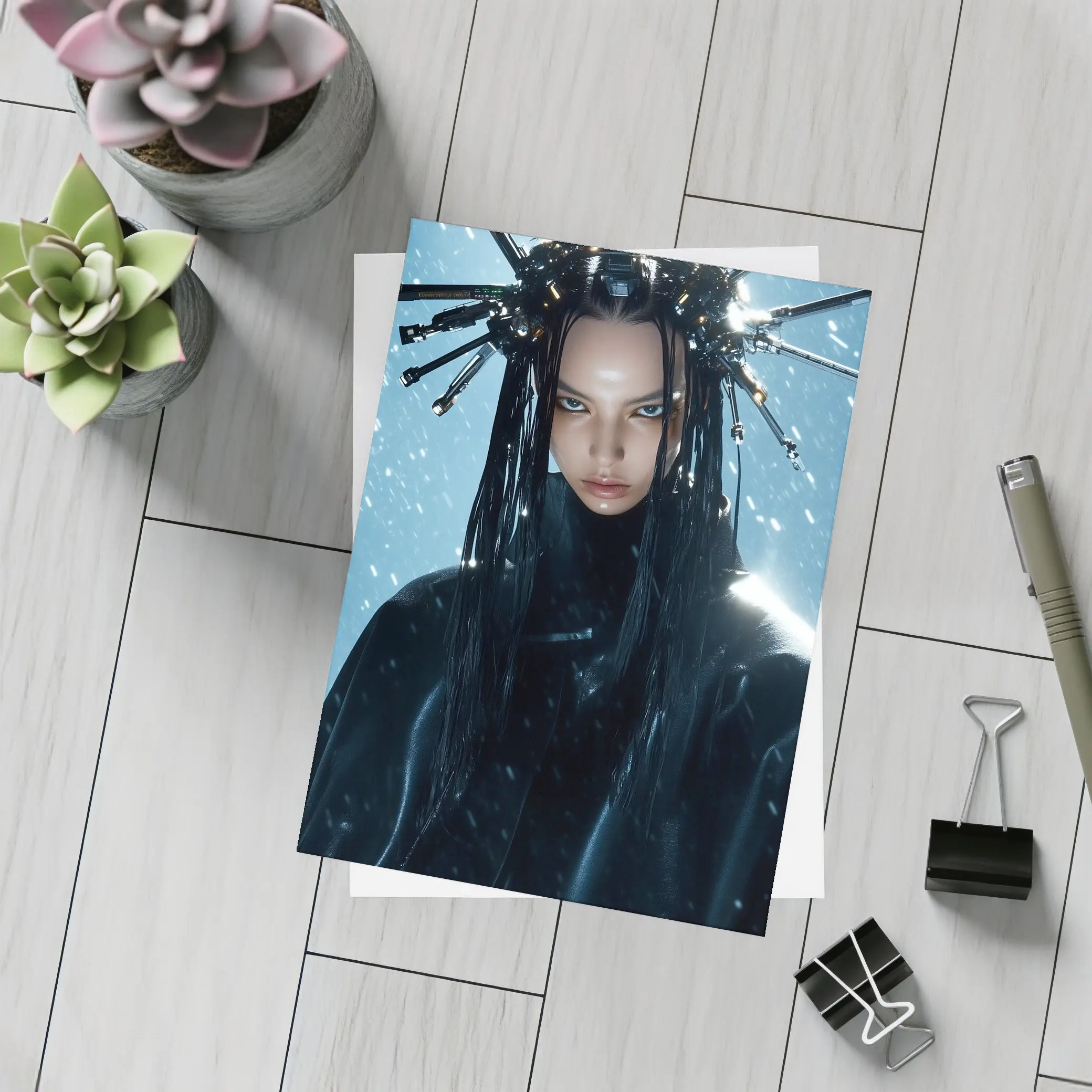 Cyberpunk Woman Mechanical Crown Snow Background – Postcards