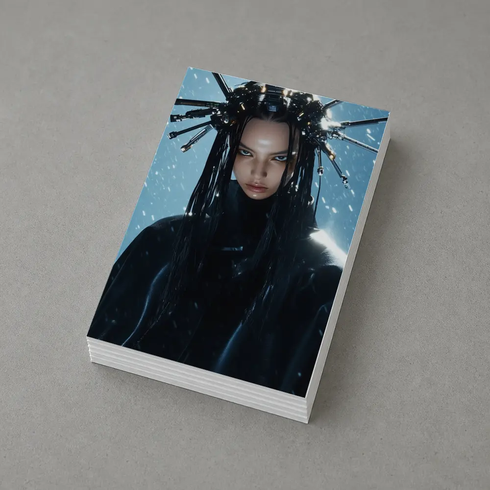 Cyberpunk Woman Mechanical Crown Snow Background – Postcards