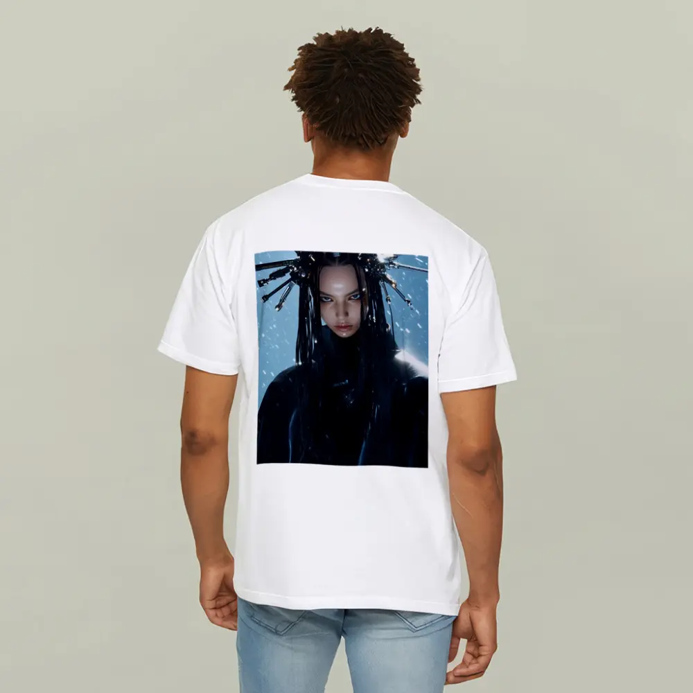 Cyberpunk Woman Mechanical Crown Snow Background – T-Shirts