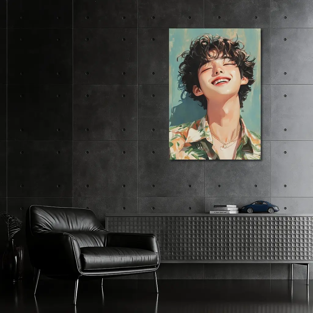 Smiling Korean Boy Illustration Teal Background – Wall Art