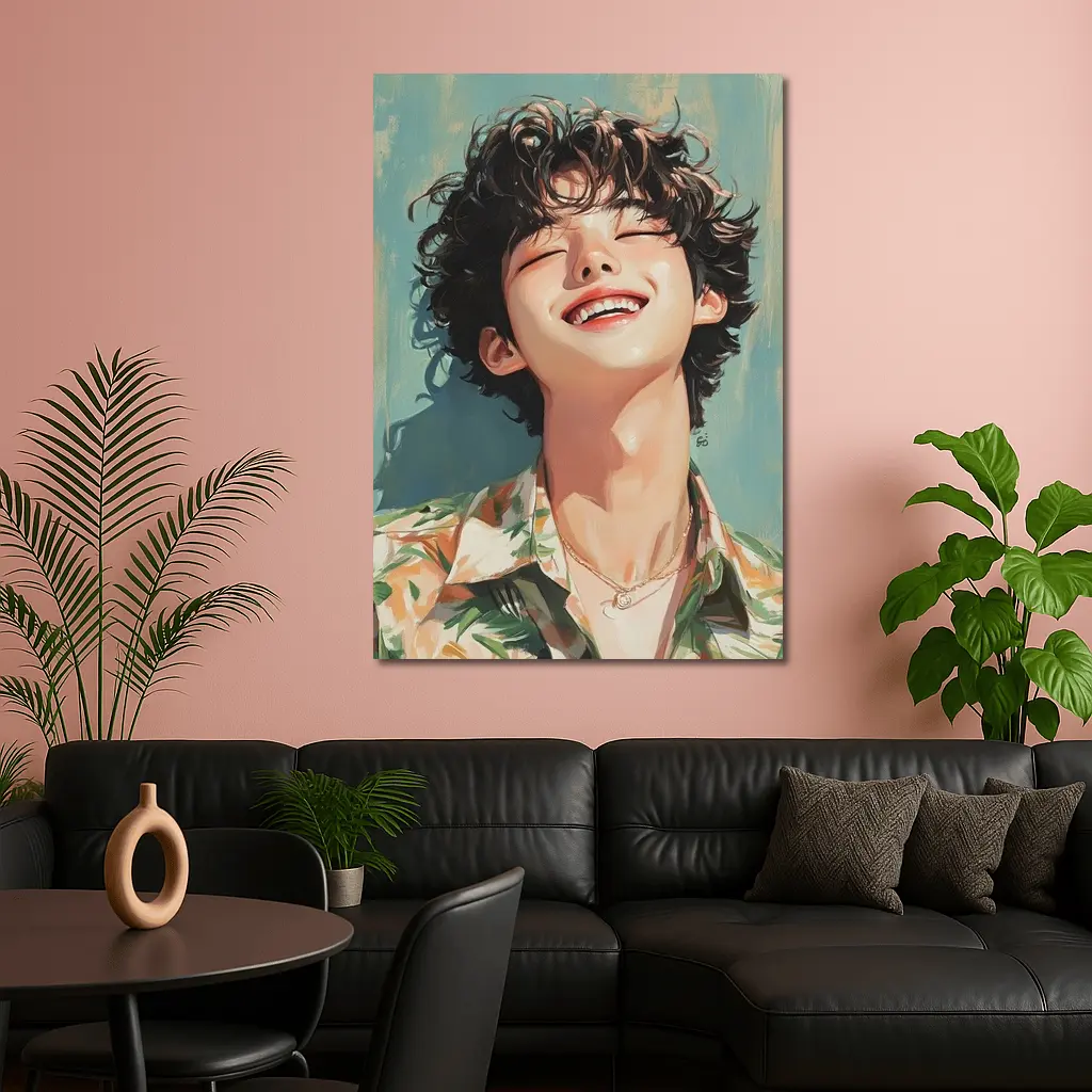 Smiling Korean Boy Illustration Teal Background – Wall Art