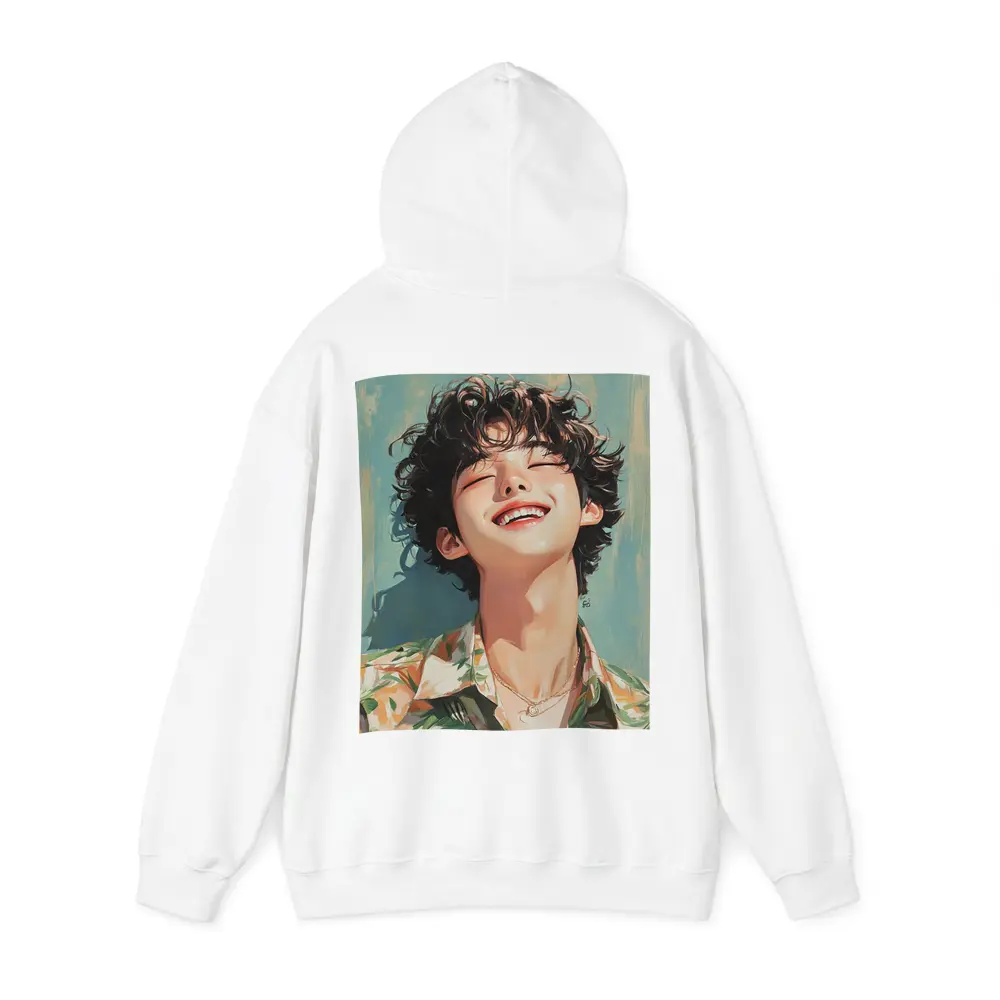 Smiling Korean Boy Illustration Teal Background – Hoodies
