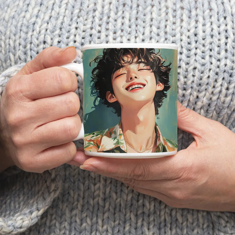Smiling Korean Boy Illustration Teal Background – Mugs