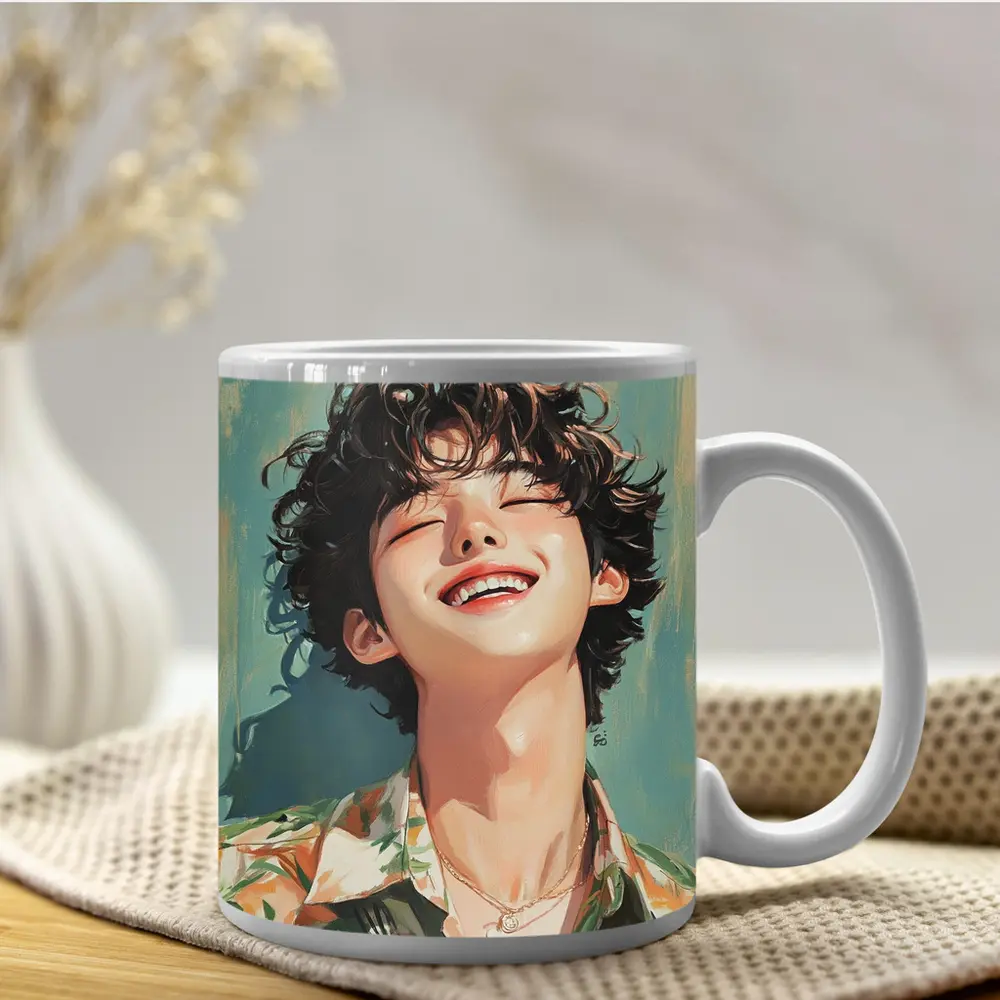 Smiling Korean Boy Illustration Teal Background – Mugs
