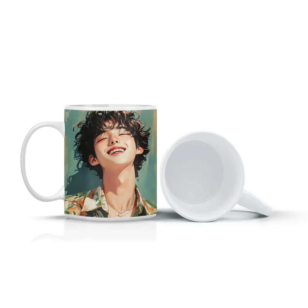 Smiling Korean Boy Illustration Teal Background – Mugs