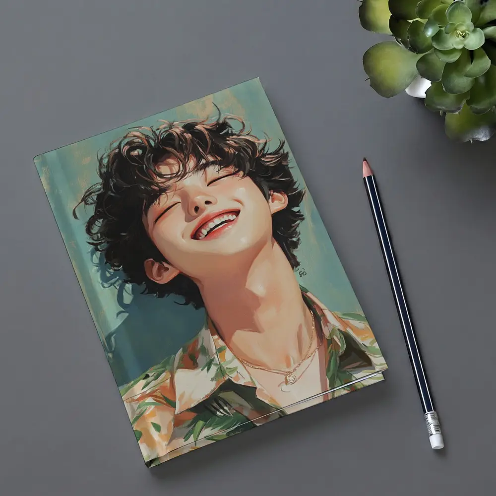 Smiling Korean Boy Illustration Teal Background – Notebooks