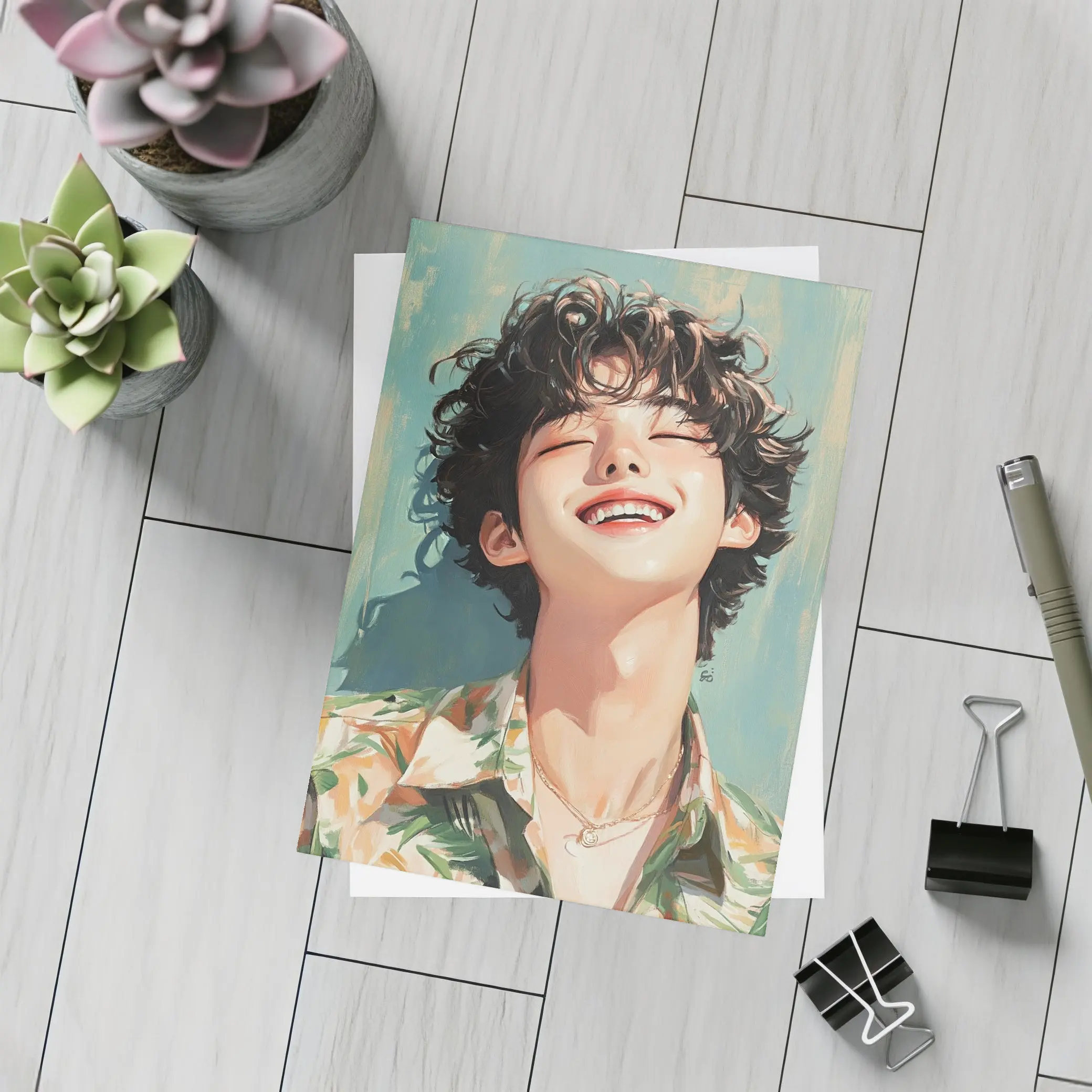 Smiling Korean Boy Illustration Teal Background – Postcards