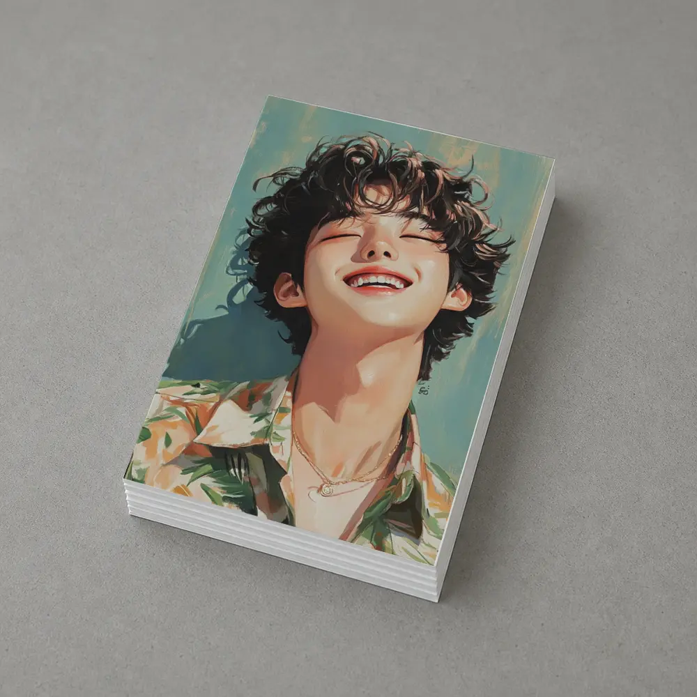 Smiling Korean Boy Illustration Teal Background – Postcards