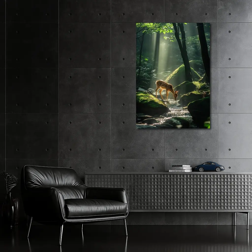 Fawn Drinking From Forest Stream Sunlight – Wall Art