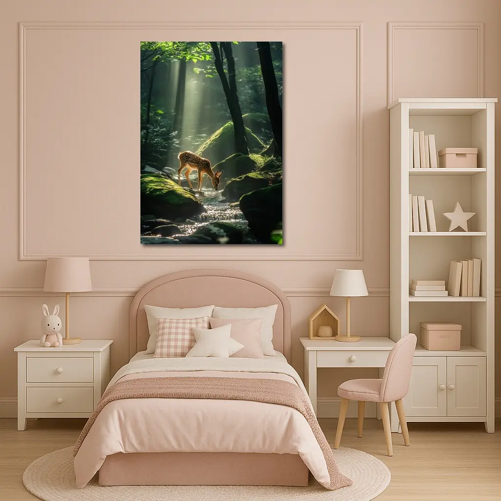 Fawn Drinking From Forest Stream Sunlight – Wall Art