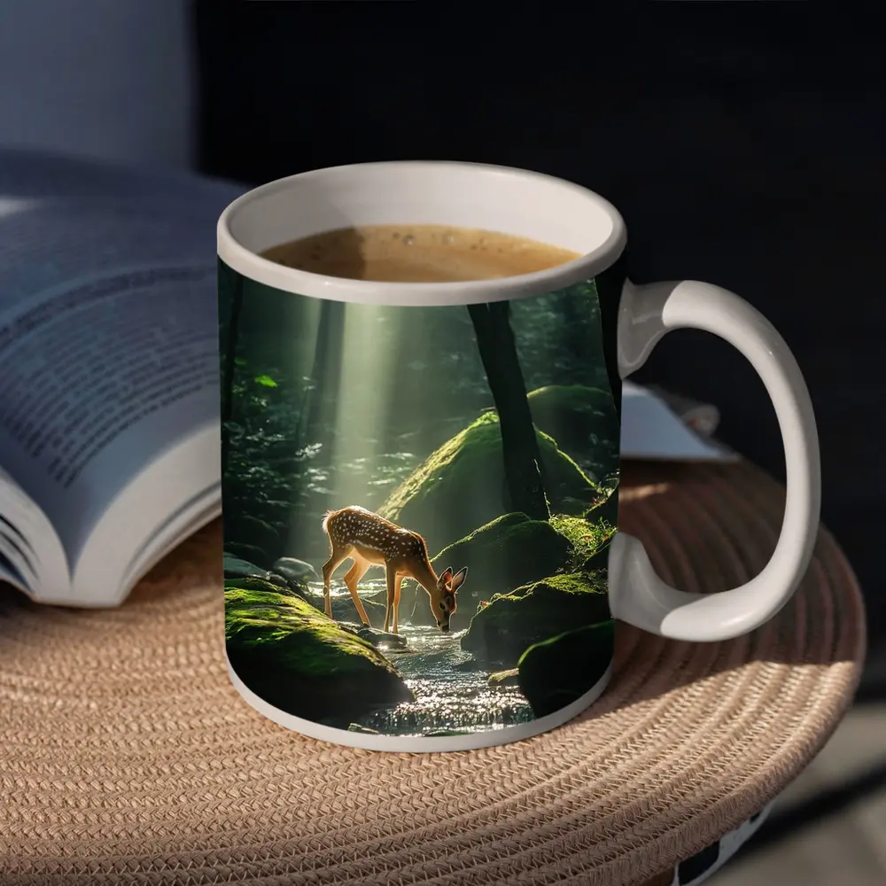 Fawn Drinking From Forest Stream Sunlight – Mugs
