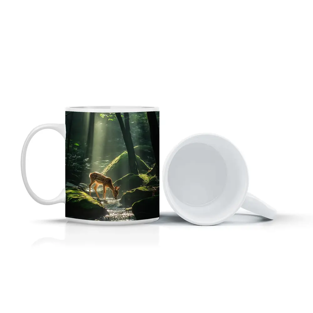 Fawn Drinking From Forest Stream Sunlight – Mugs