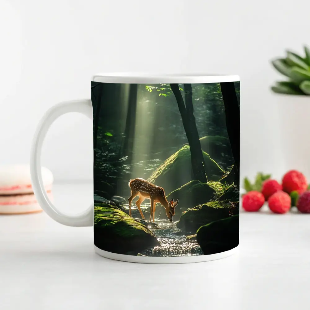 Fawn Drinking From Forest Stream Sunlight – Mugs