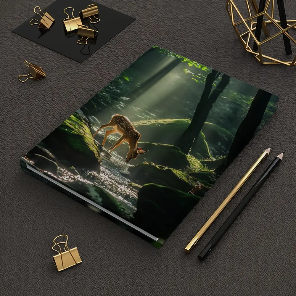 Fawn Drinking From Forest Stream Sunlight – Notebooks