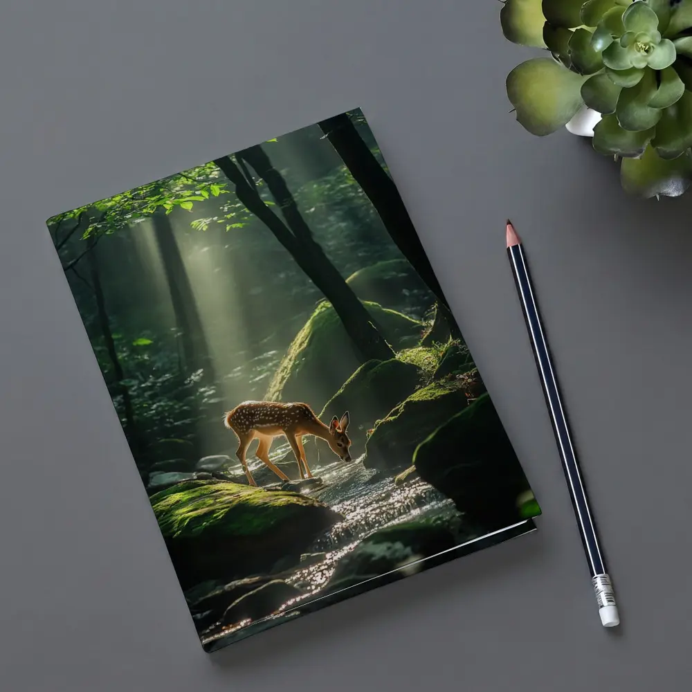 Fawn Drinking From Forest Stream Sunlight – Notebooks