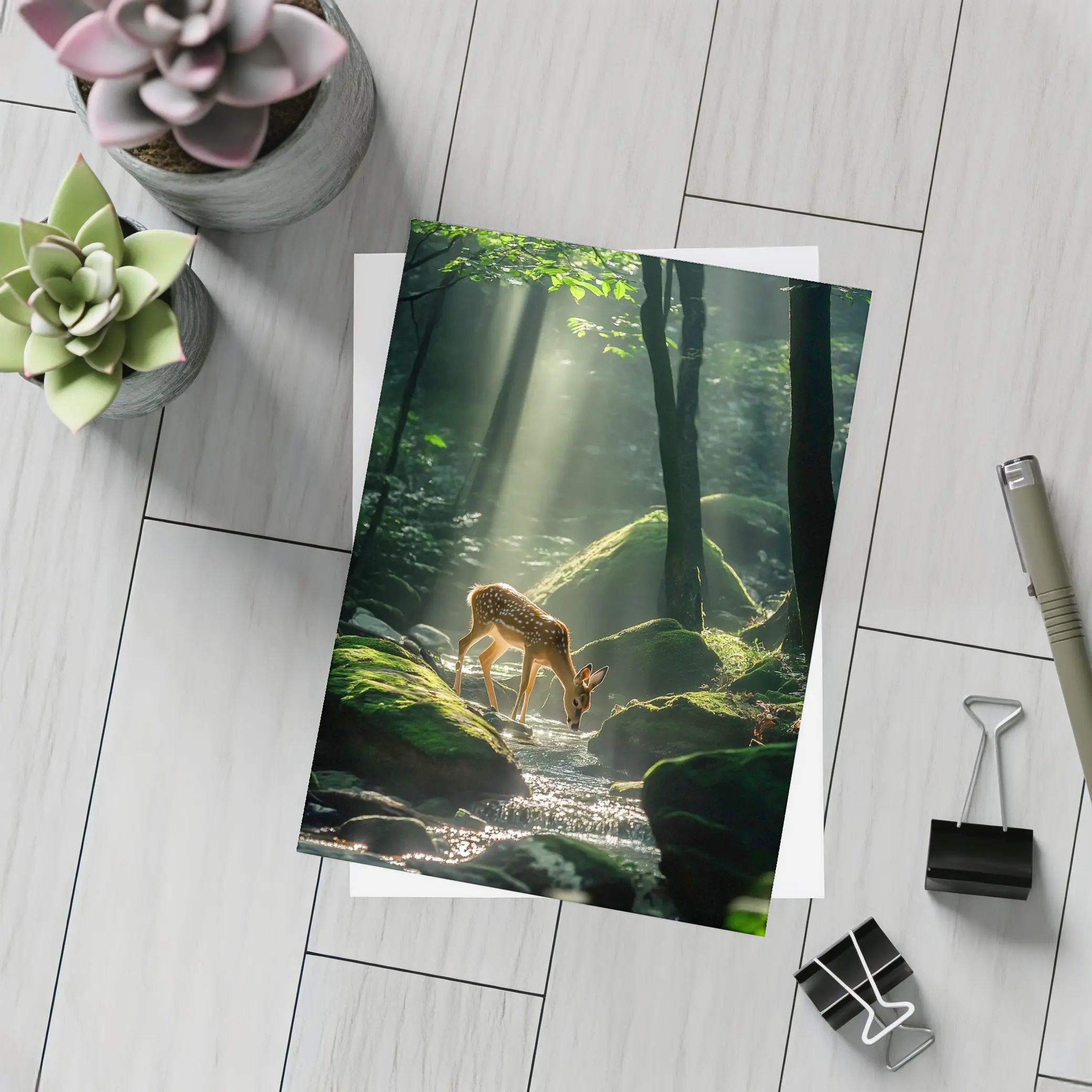 Fawn Drinking From Forest Stream Sunlight – Postcards