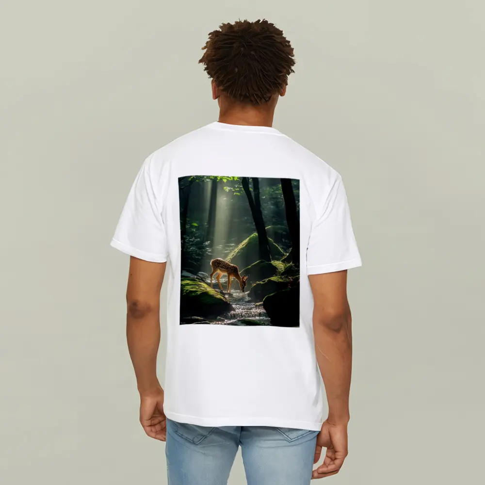 Fawn Drinking From Forest Stream Sunlight – T-Shirts