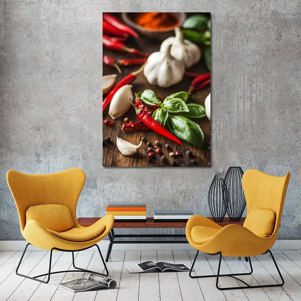 Red Chili Garlic Basil Spices Rustic Wood – Wall Art