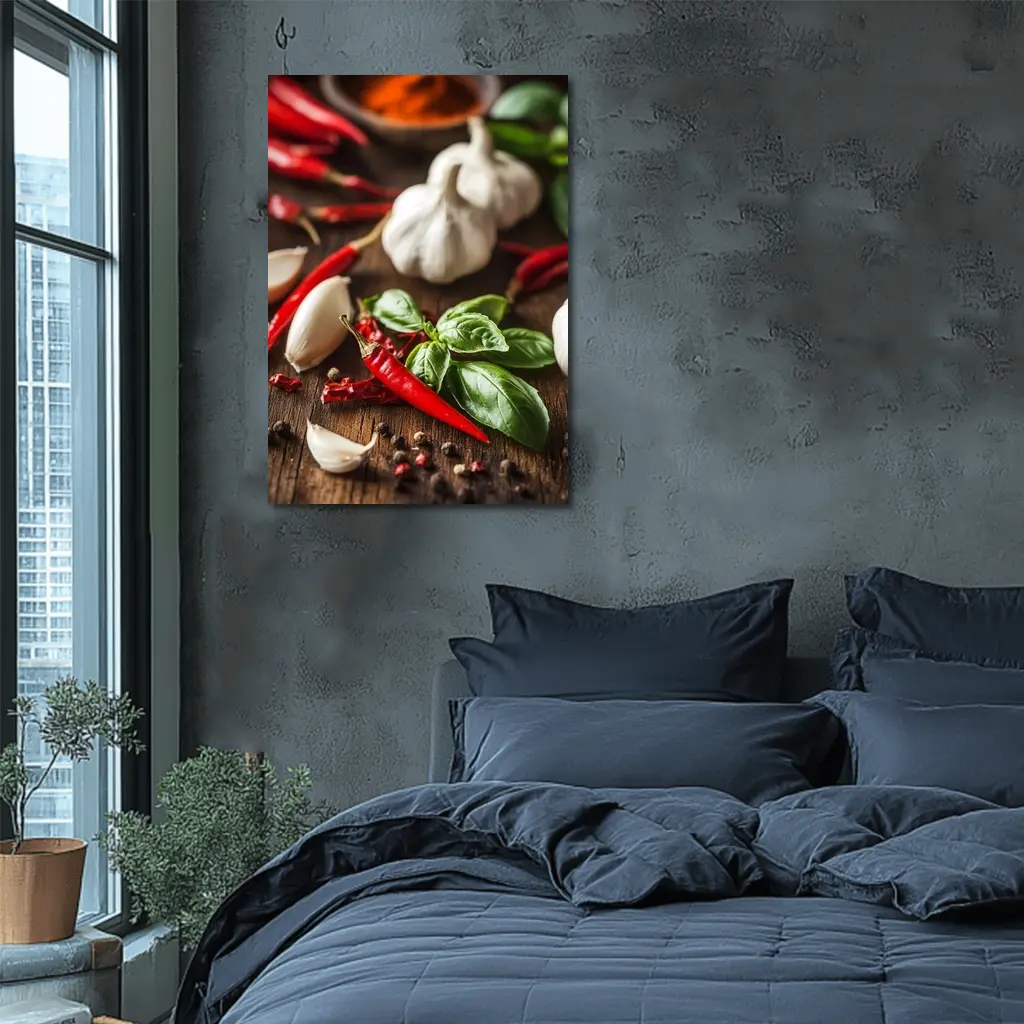 Red Chili Garlic Basil Spices Rustic Wood – Wall Art