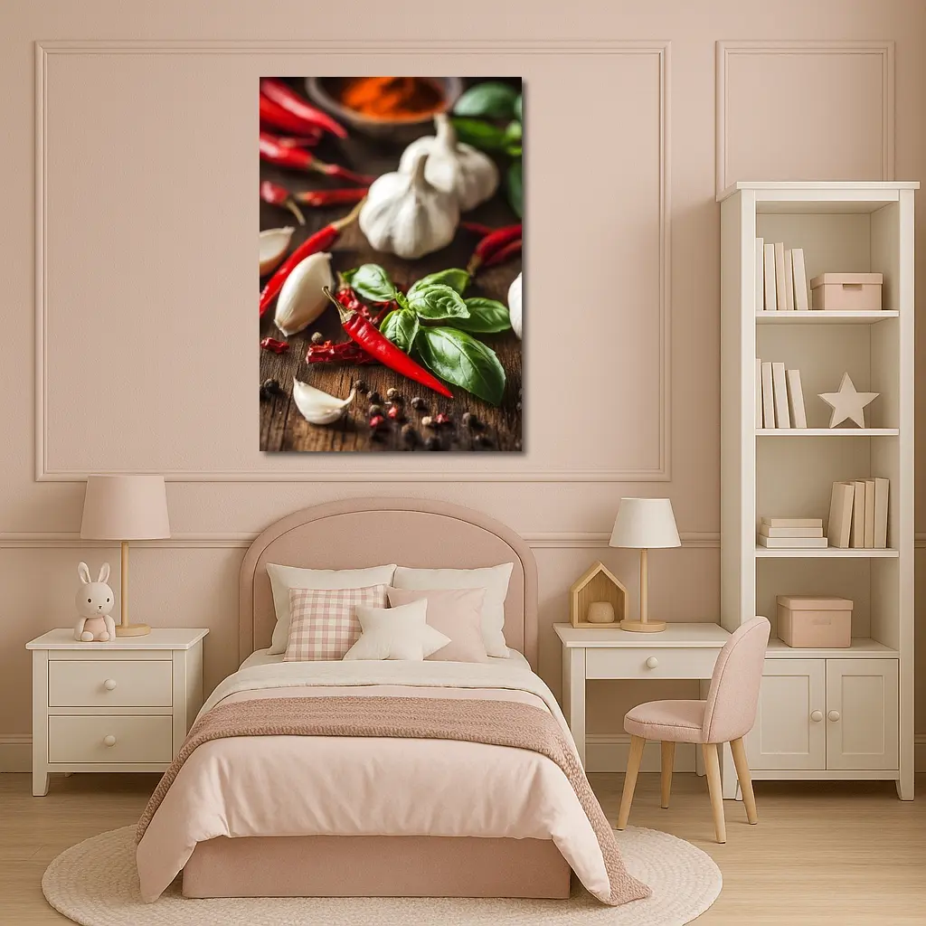 Red Chili Garlic Basil Spices Rustic Wood – Wall Art