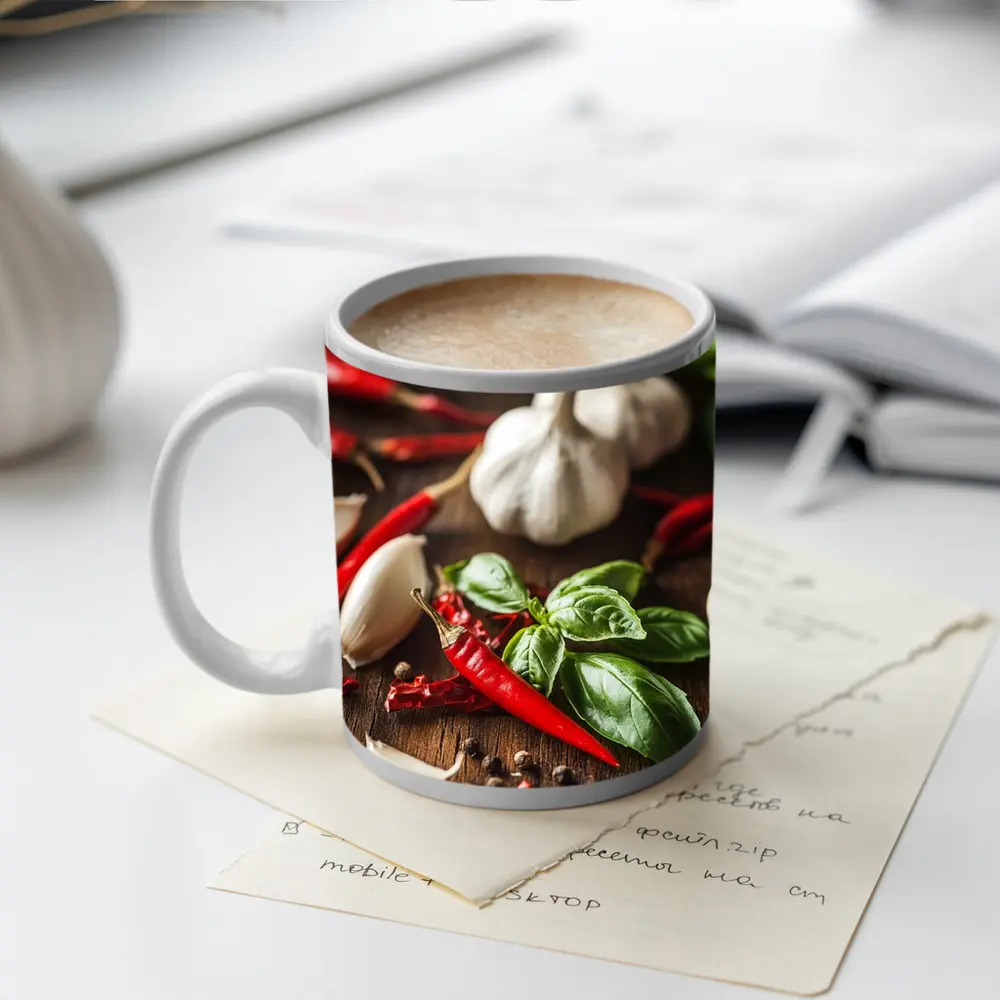 Red Chili Garlic Basil Spices Rustic Wood – Mugs