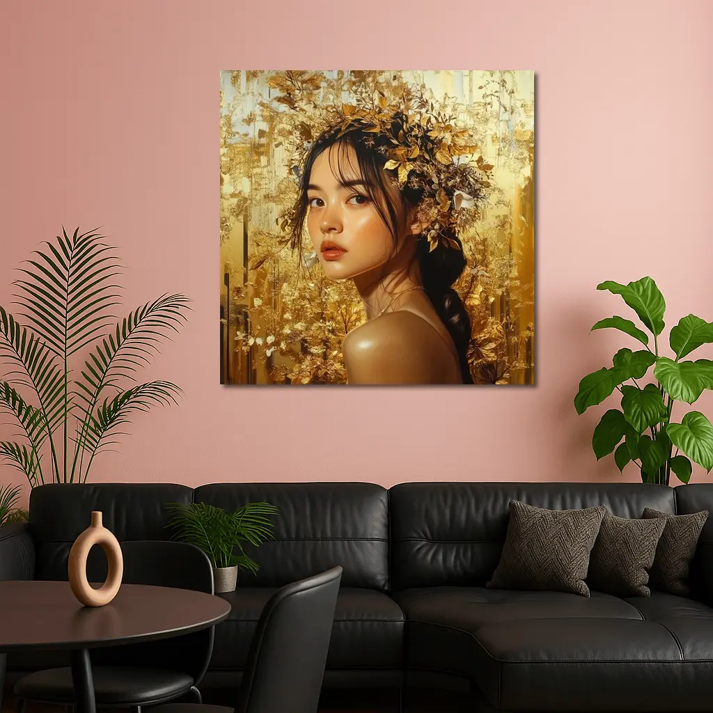 Asian Woman Golden Floral Crown Portrait Art – Wall Art