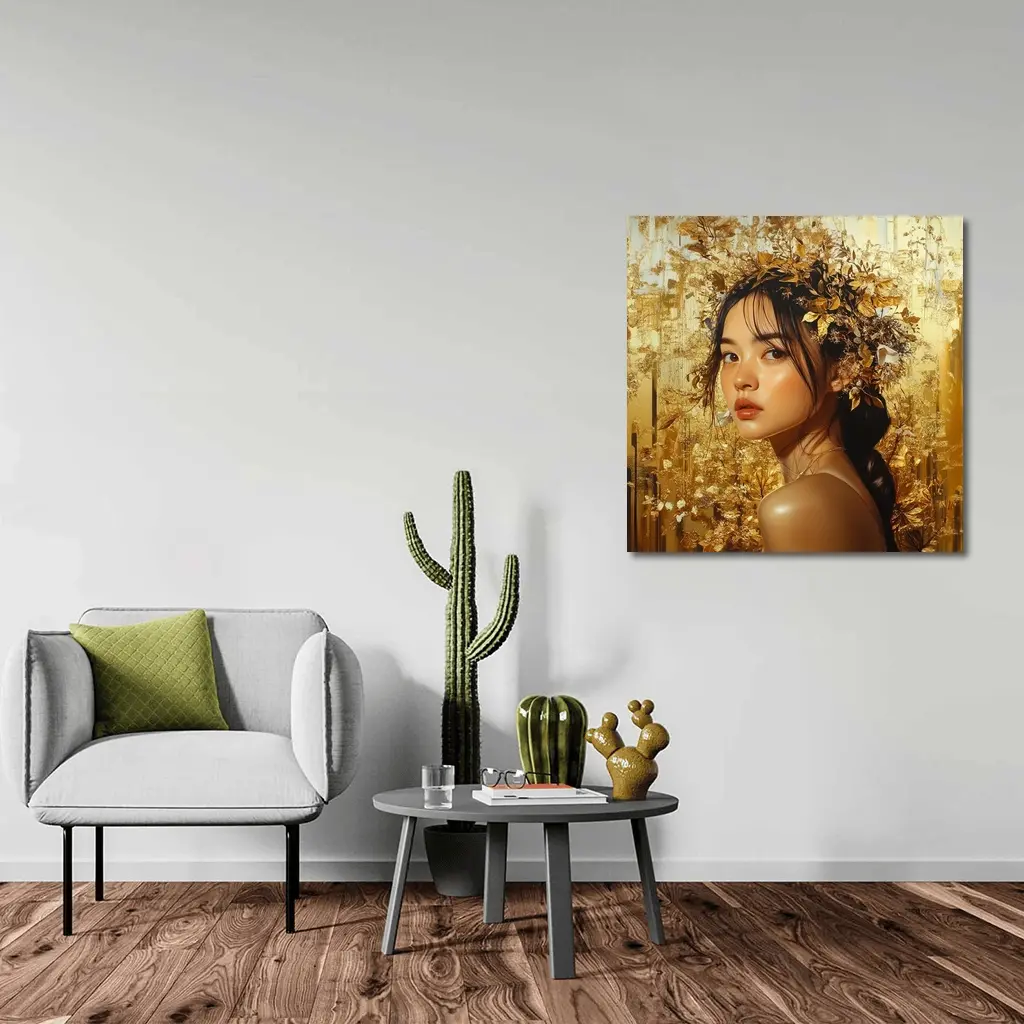 Asian Woman Golden Floral Crown Portrait Art – Wall Art