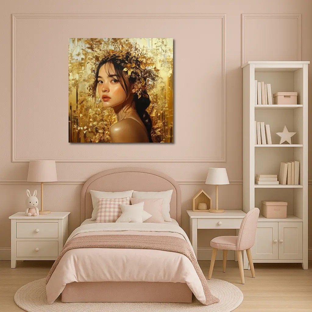 Asian Woman Golden Floral Crown Portrait Art – Wall Art