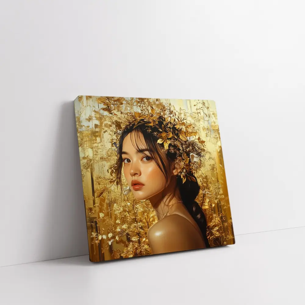Asian Woman Golden Floral Crown Portrait Art – Wall Art