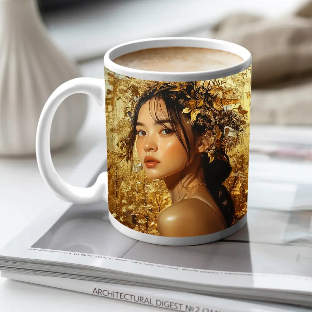 Asian Woman Golden Floral Crown Portrait Art – Mugs