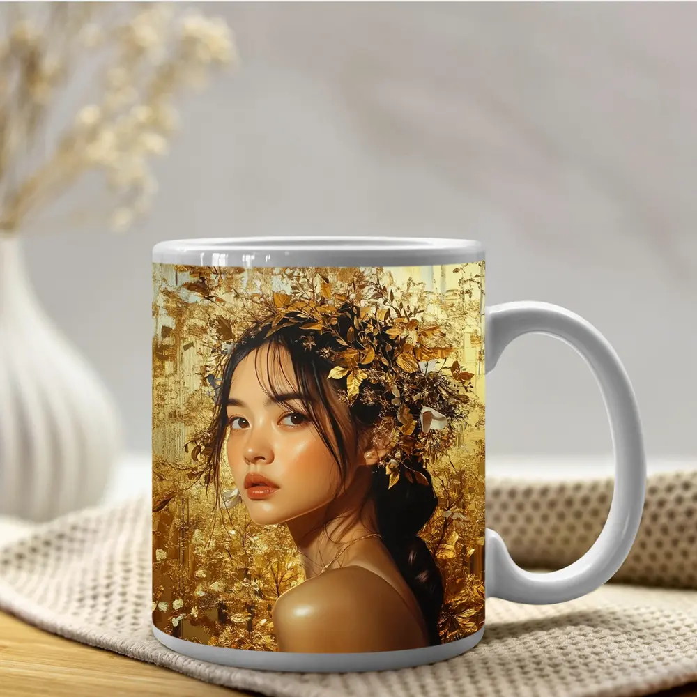 Asian Woman Golden Floral Crown Portrait Art – Mugs