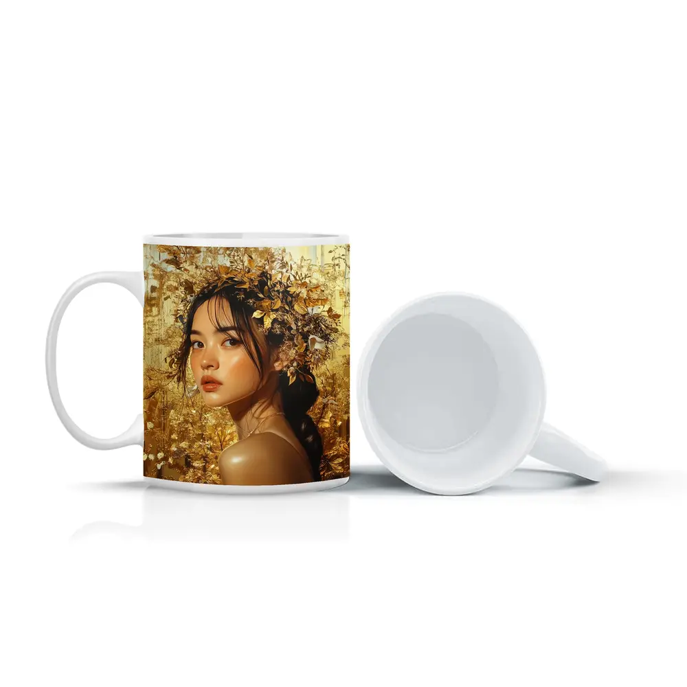 Asian Woman Golden Floral Crown Portrait Art – Mugs