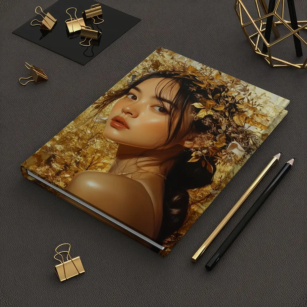 Asian Woman Golden Floral Crown Portrait Art – Notebooks