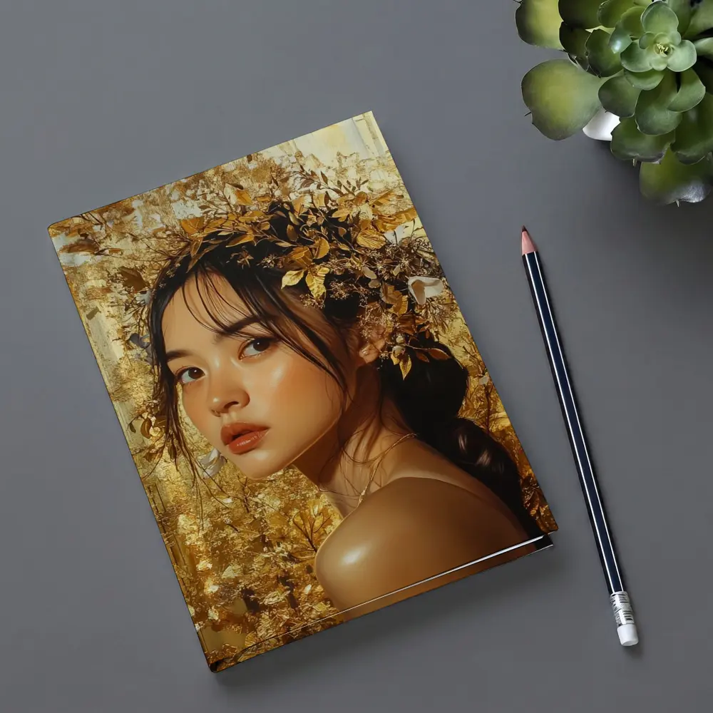 Asian Woman Golden Floral Crown Portrait Art – Notebooks
