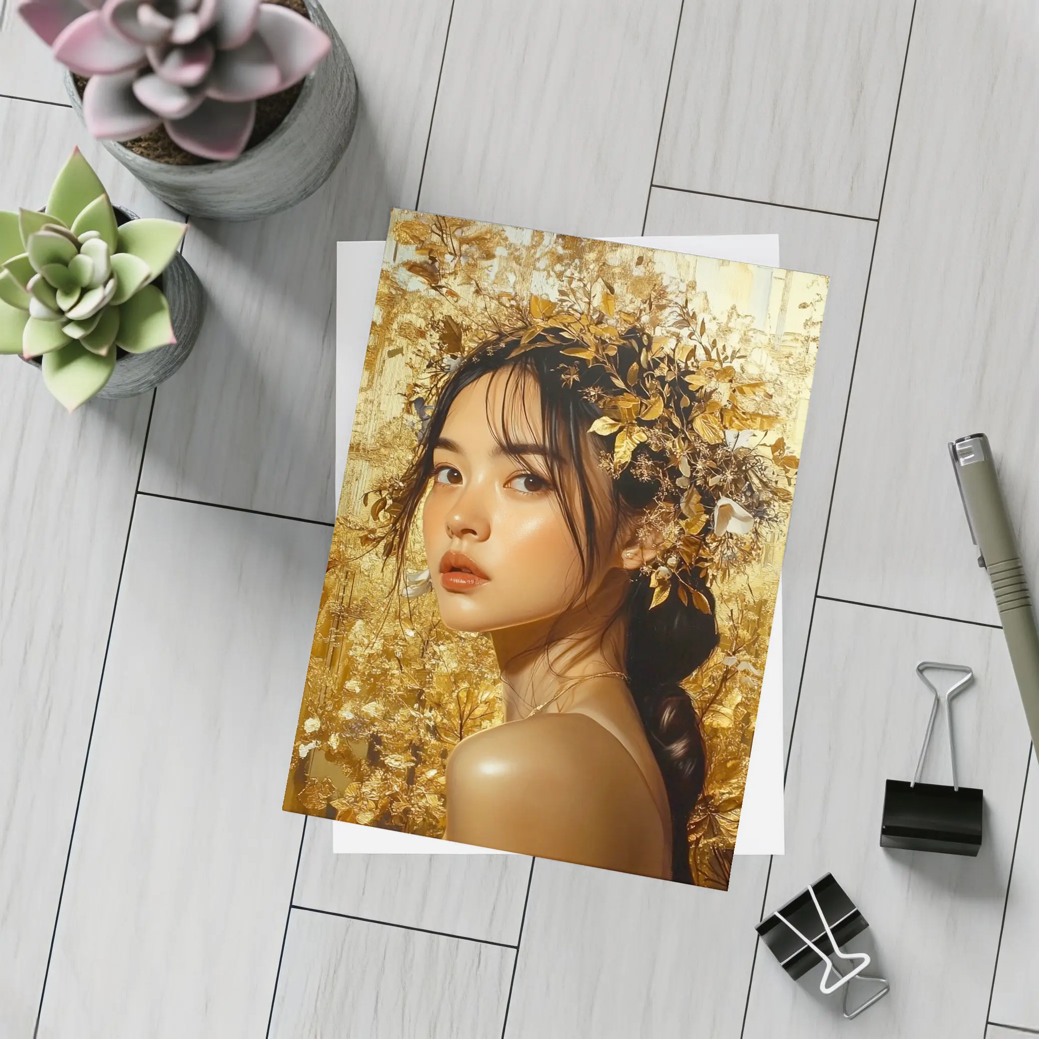 Asian Woman Golden Floral Crown Portrait Art – Postcards