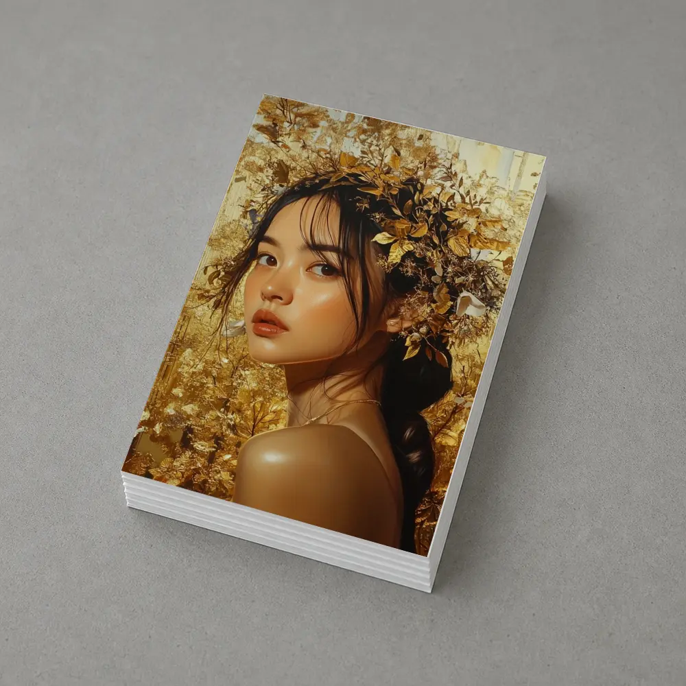Asian Woman Golden Floral Crown Portrait Art – Postcards