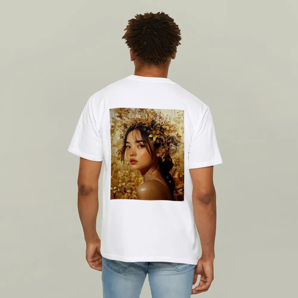 Asian Woman Golden Floral Crown Portrait Art – T-Shirts