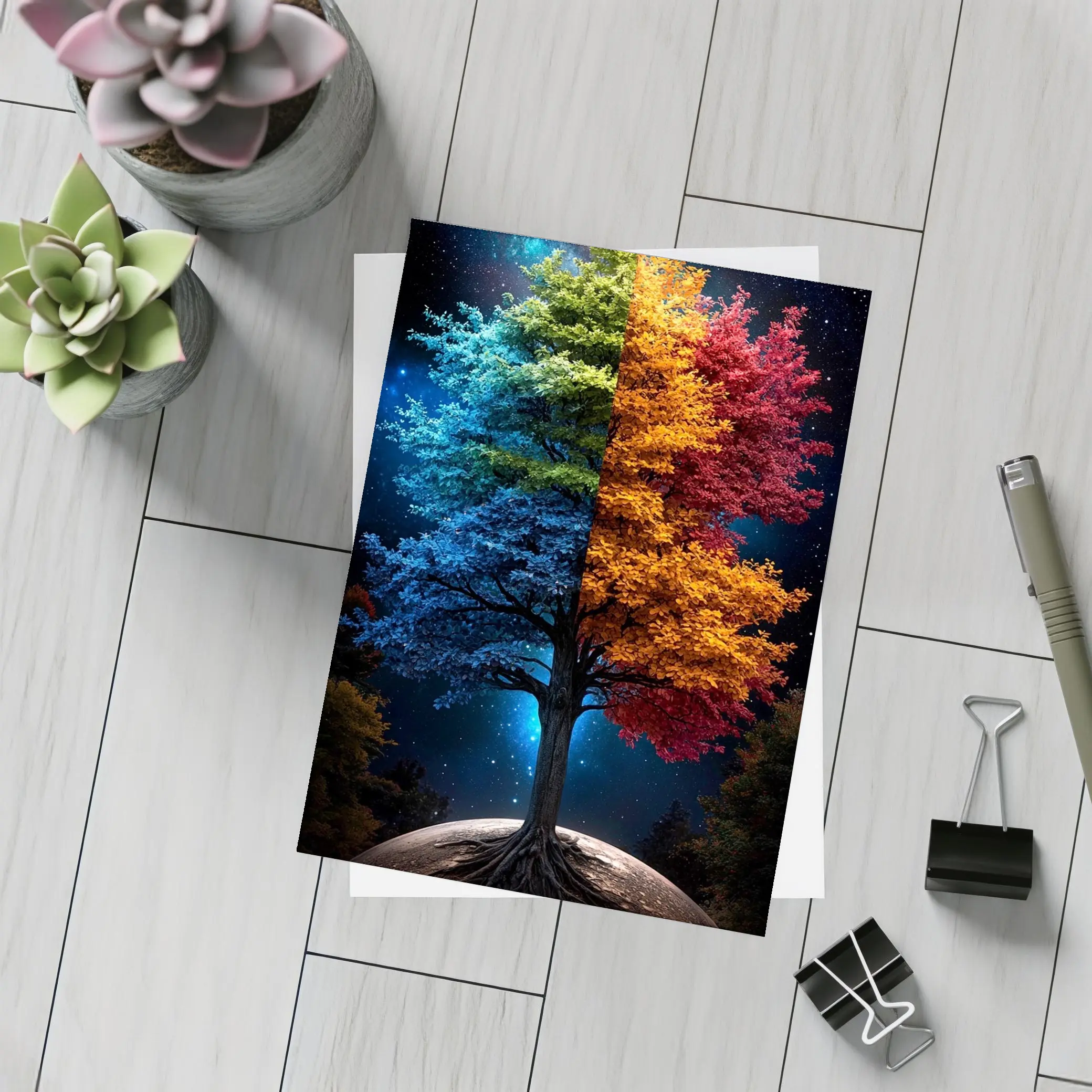 Colorful Tree Split Seasons Starry Night – Postcards