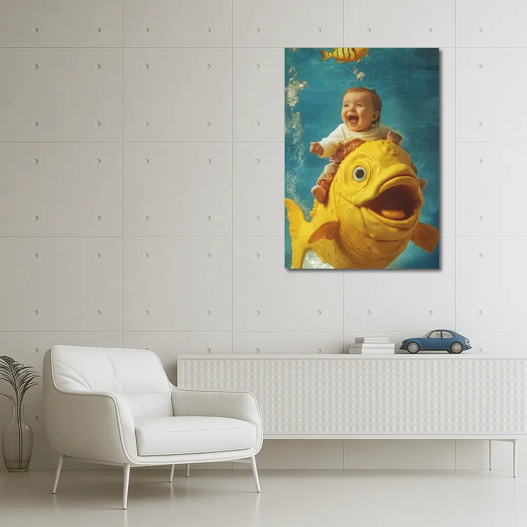 Happy Baby Riding Giant Yellow Fish Underwater – Wall Art
