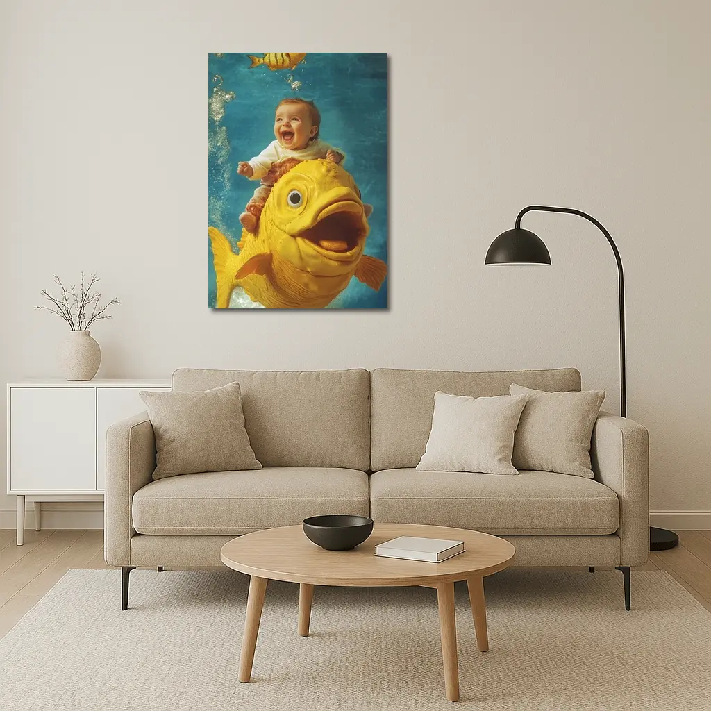 Happy Baby Riding Giant Yellow Fish Underwater – Wall Art
