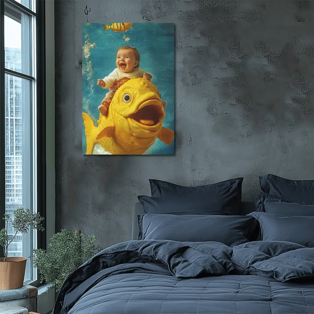Happy Baby Riding Giant Yellow Fish Underwater – Wall Art