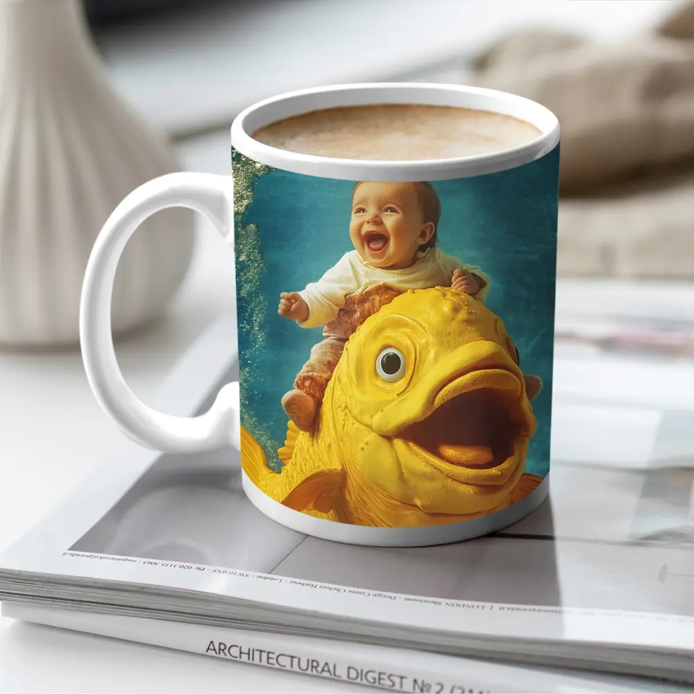 Happy Baby Riding Giant Yellow Fish Underwater – Mugs