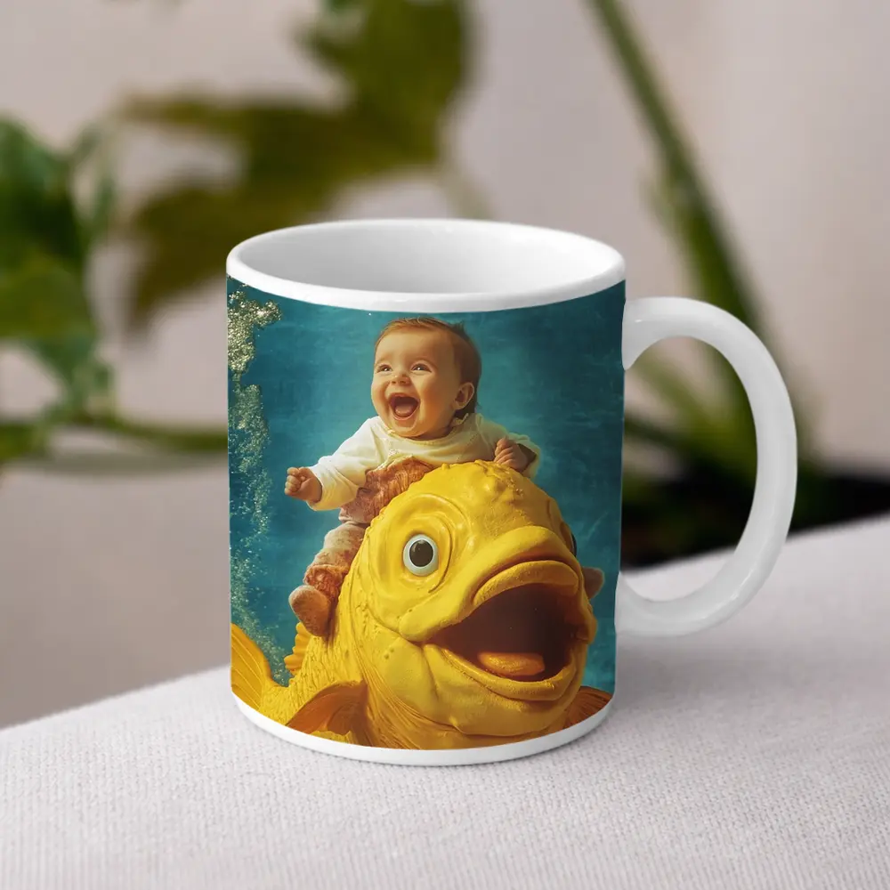 Happy Baby Riding Giant Yellow Fish Underwater – Mugs