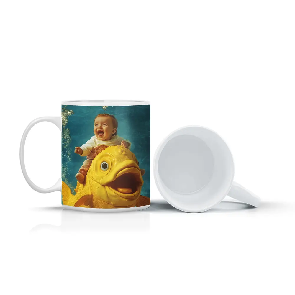 Happy Baby Riding Giant Yellow Fish Underwater – Mugs