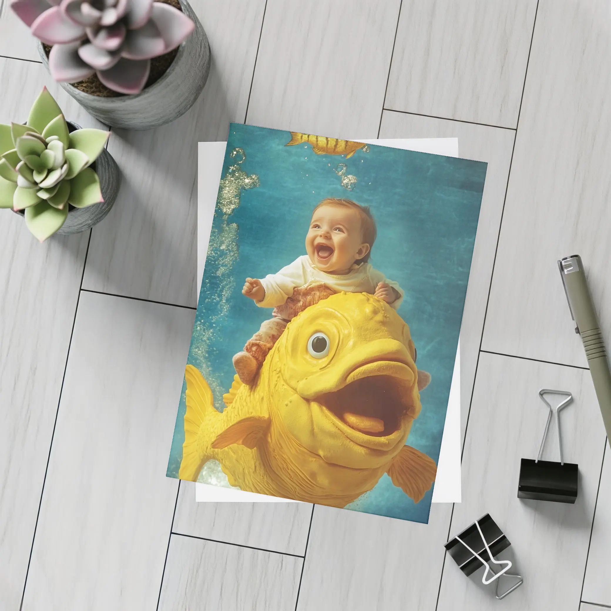 Happy Baby Riding Giant Yellow Fish Underwater – Postcards