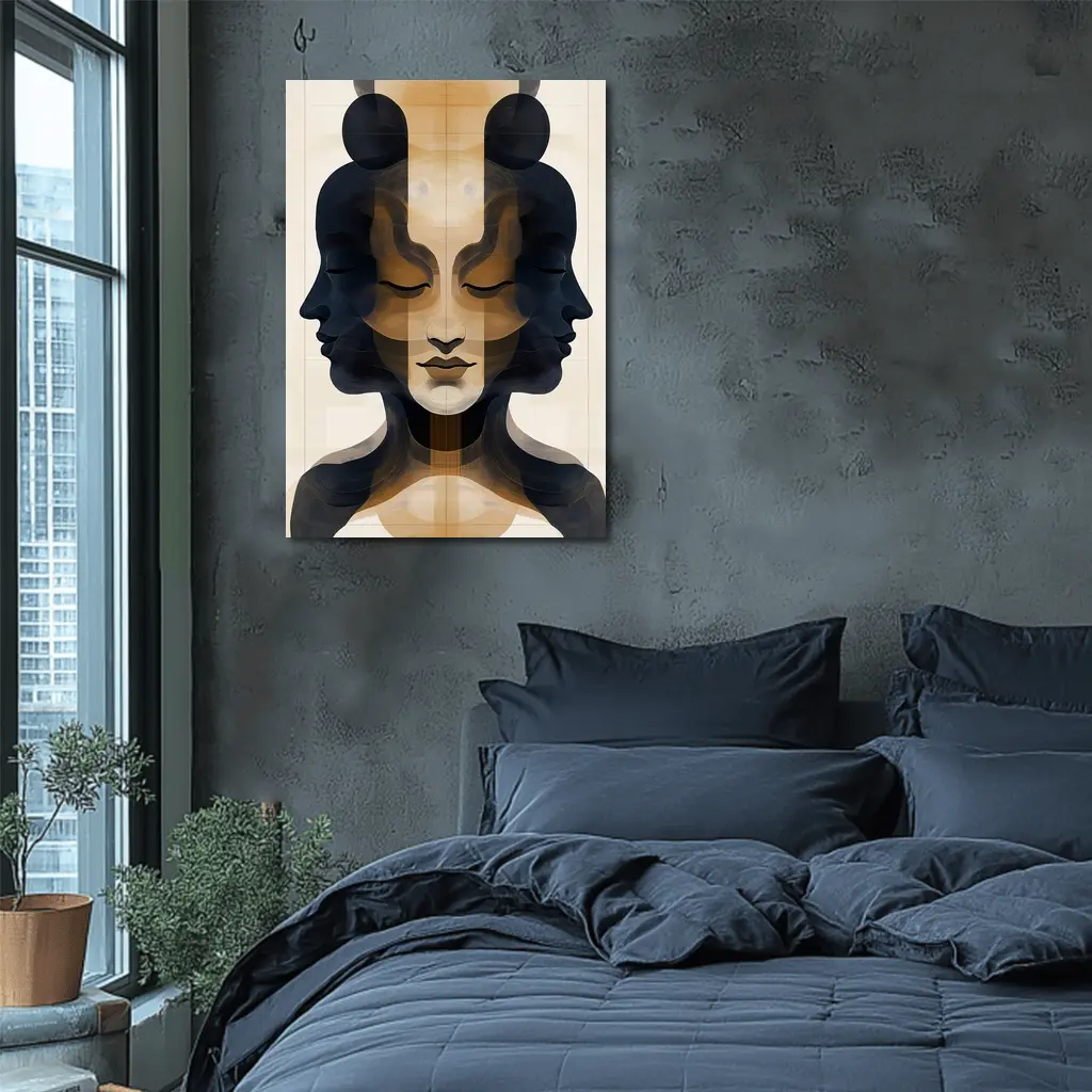 Symmetrical Women Faces Abstract Beige Art – Wall Art