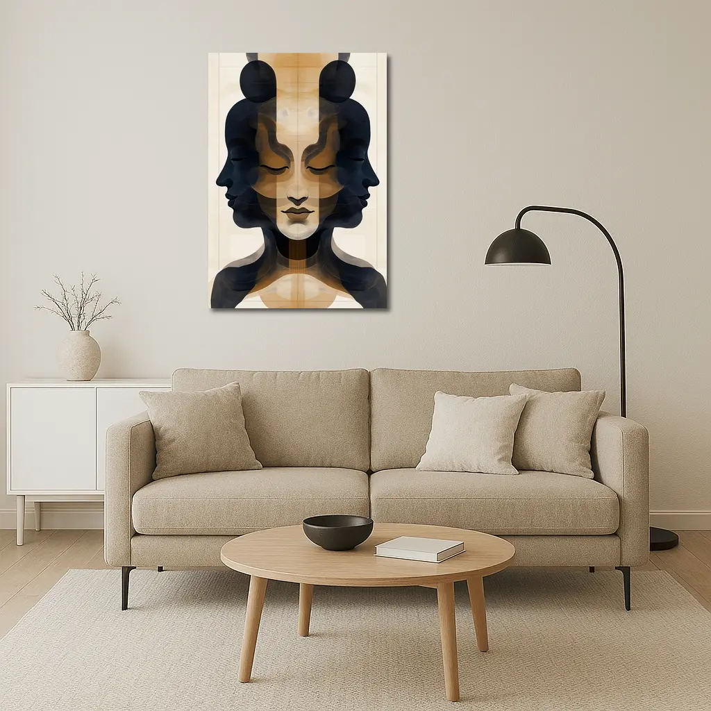 Symmetrical Women Faces Abstract Beige Art – Wall Art