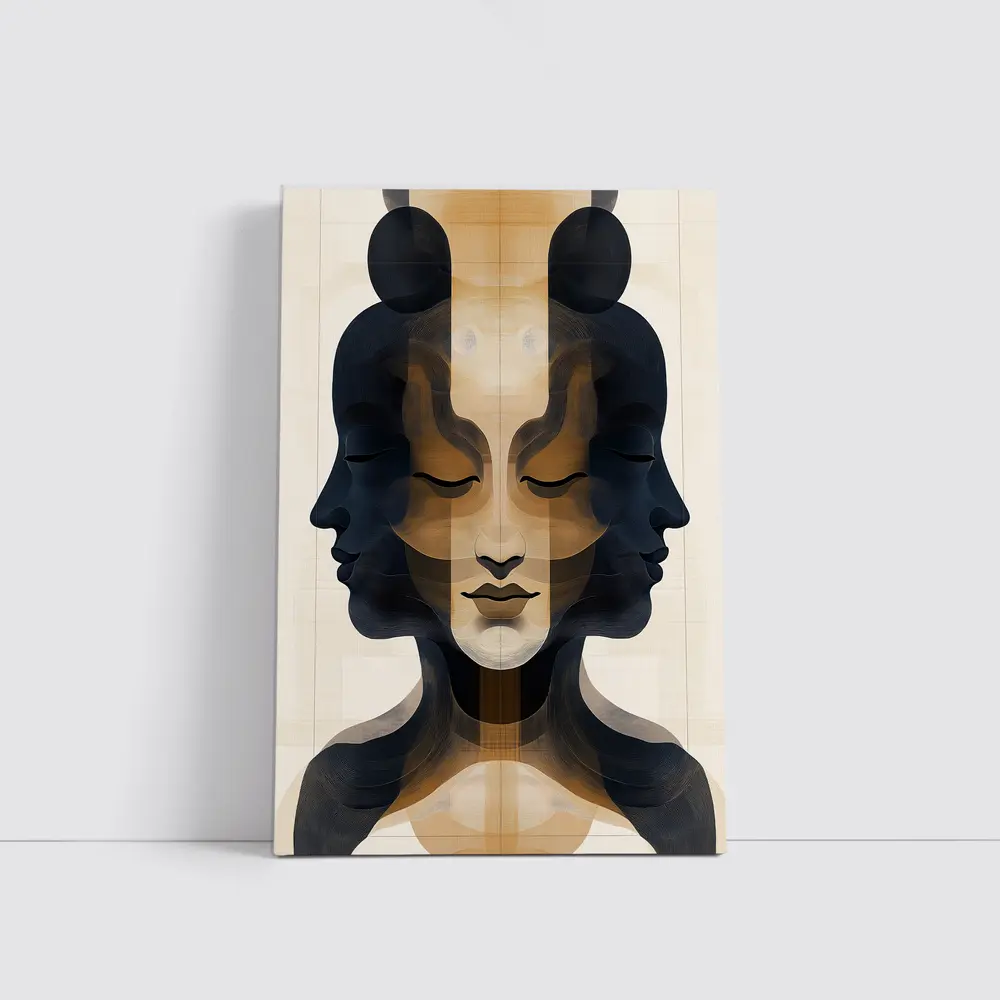 Symmetrical Women Faces Abstract Beige Art – Wall Art